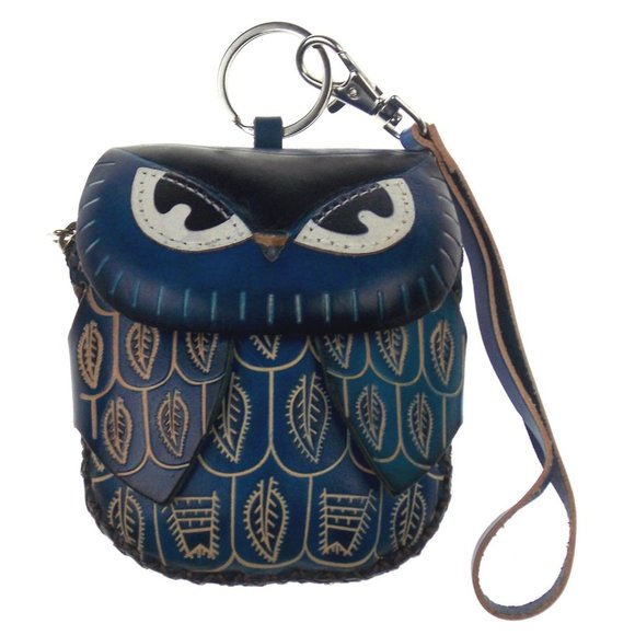 Blue Owl Leather Coin Change Purse Wallet Wristlet Bag Keychain Zipper Handmade - Picture 1 of 6